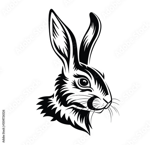 Black and White Rabbit Head Silhouette Vector Illustration