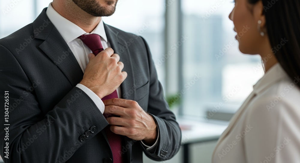 Business professional adjusting tie while conversing with colleague in office Business professional adjusting tie while conversing with colleague in office