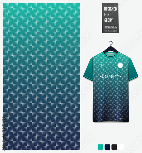 Geometric pattern with gradient background for fabric textile design. Sport shirt mockup template for football, soccer, basketball, cycling, running, rugby, baseball, racing, or sportswear.