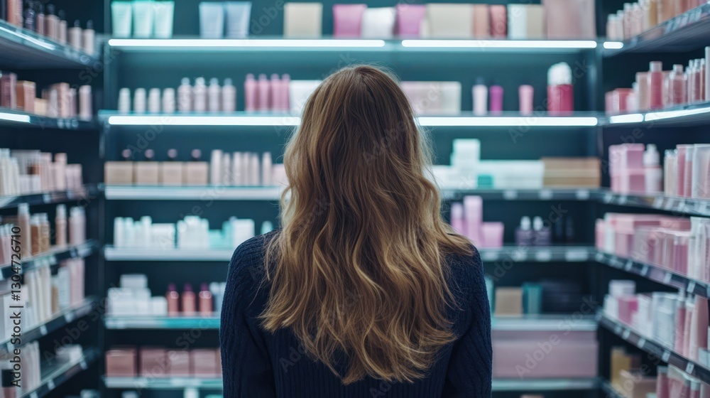 a woman with long hair browses rows of skincare products in a beauty store meticulously arranged under the soft glow of illuminated shelves