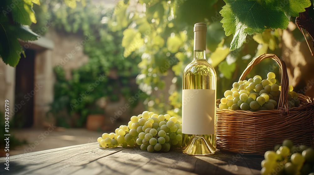 Fototapeta premium Green grapes and white wine on the grass at a picnic outdoors
