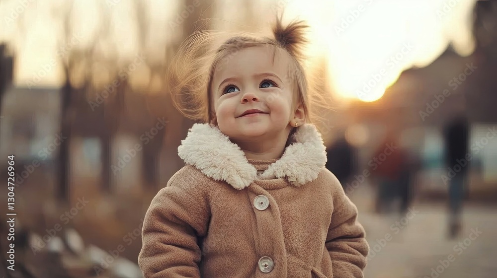 A child smiles while looking up at the sky during a beautiful sunny afternoon. The warm light creates a joyful and serene atmosphere in the park A child smiles while looking up at the sky during a beautiful sunny afternoon. The warm light creates a joyful and serene atmosphere in the park
