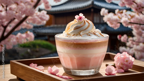 A beautifully layered sakura latte with a soft pink and creamy white gradient, topped with a scoop of ice cream and sakura petals, set on a wooden tray with a teahouse backdrop.