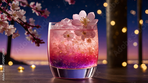 A captivating layered sparkling sakura drink with a gradient of pink and purple hues, served in a tall glass with golden flakes, against a glowing nighttime hanami festival background.