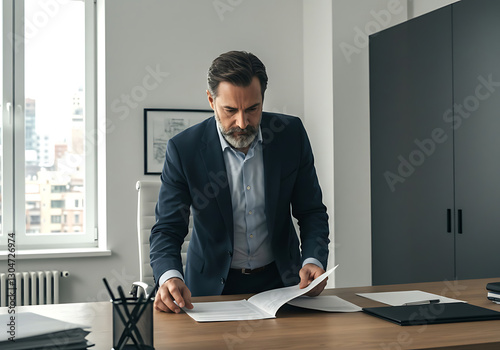 Un ejecutivo de hombre de mediana edad que está revisando los documentos en la oficina.
