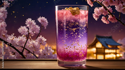 A captivating layered sparkling sakura drink with a gradient of pink and purple hues, served in a tall glass with golden flakes, against a glowing nighttime hanami festival background.