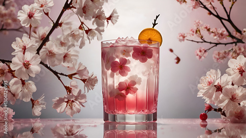 A delicate pink and white layered sakura drink in a tall glass, garnished with cherry blossoms, set against a floral Japanese background with soft lighting.