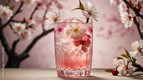 A delicate pink and white layered sakura drink in a tall glass, garnished with cherry blossoms, set against a floral Japanese background with soft lighting.