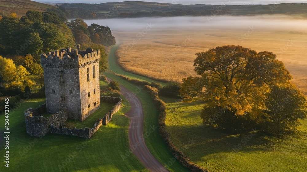 Naklejka premium Misty sunrise over ancient stone tower, winding road, autumnal trees, and field.