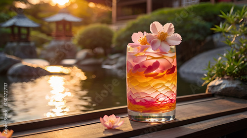 A mesmerizing layered sakura mocktail with pink, orange, and gold hues, with floating petals in a glass, placed near a Japanese garden during sunset.