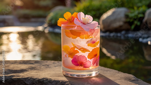 A mesmerizing layered sakura mocktail with pink, orange, and gold hues, with floating petals in a glass, placed near a Japanese garden during sunset.