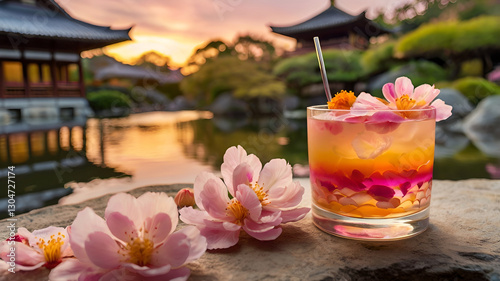 A mesmerizing layered sakura mocktail with pink, orange, and gold hues, with floating petals in a glass, placed near a Japanese garden during sunset.