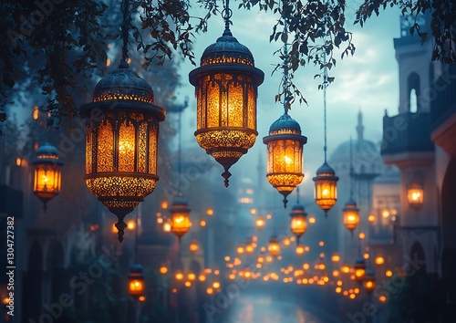  Warm Lanterns Glowing in a Serene Evening Scene
