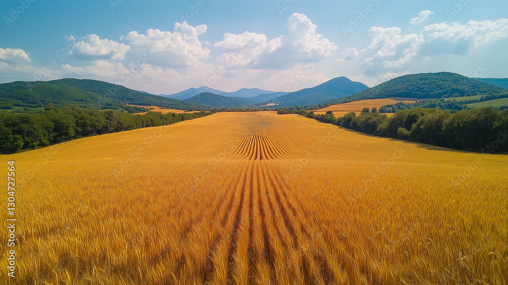 Fototapeta premium A vast field of golden wheat extends towards the horizon, bordered by gentle hills. Bright sunlight bathes the landscape, creating a serene rural atmosphere in summer