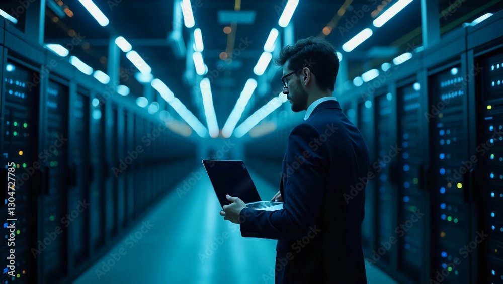 Fototapeta premium Futuristic Concept: Data Center Chief Technology Officer Holding Laptop, Standing In Warehouse, Information Digitalization Lines Streaming Through Servers. SAAS, Cloud Storage, Online Service