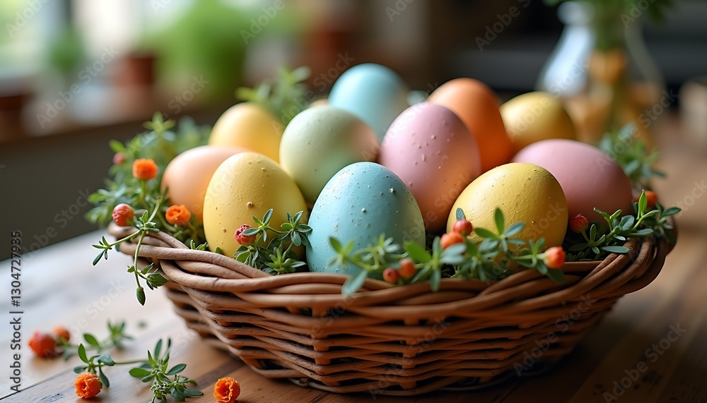 Basket of colorful Easter eggs with flowers on wooden table. Basket of colorful Easter eggs with flowers on wooden table.