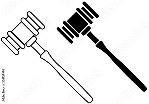 Justice or judges gavel, auction hammer in silhouette and outline versions, courtroom or crime element
