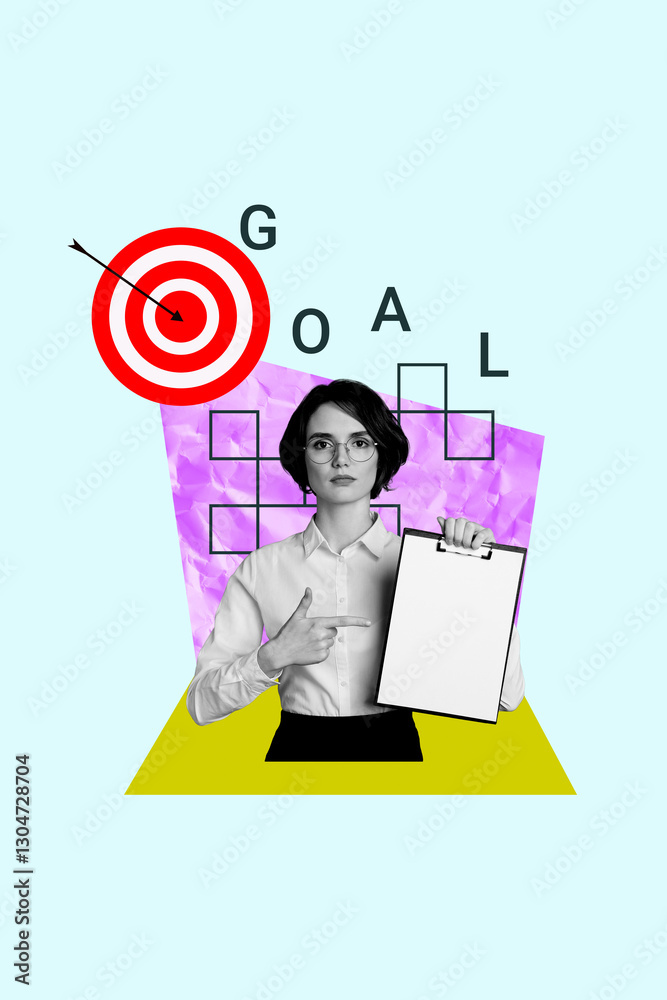 Exclusive image vertical photo collage of serious businesswoman hold clipboard target career goal achievement chance progress Exclusive image vertical photo collage of serious businesswoman hold clipboard target career goal achievement chance progress