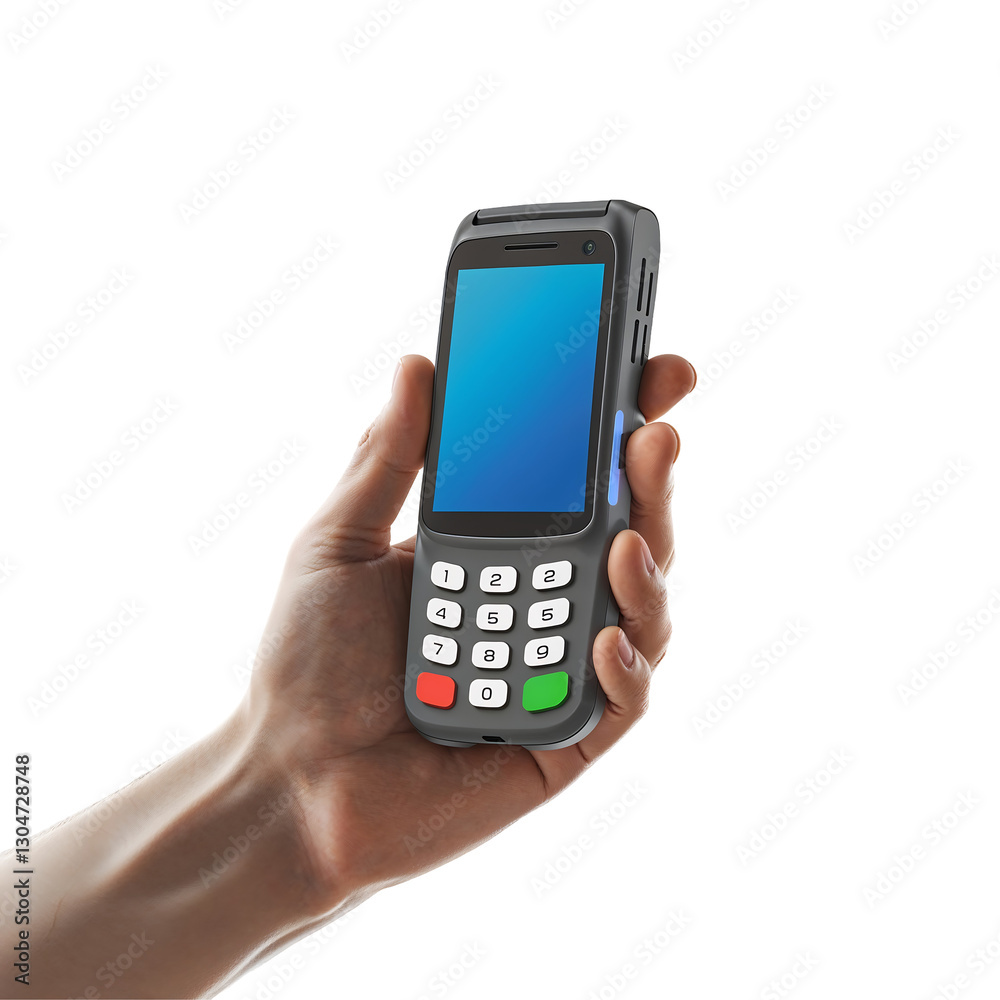 Handheld Payment Terminal PNG Credit Card Machine with Digital Display Colorful Buttons and Secure Wireless Transaction for Retail and Business Use