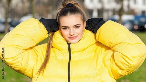 A young woman poses outdoors in a bright yellow puffer coat, smiling while holding her hair up. The park setting features green grass and trees under clear skies