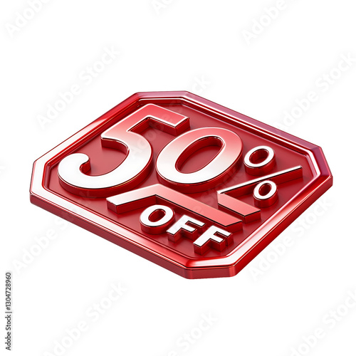 Transparent PNG 3D Glossy Red Sale Sign with 50 Percent Off Text Metallic Silver Lettering Vibrant Red Background and Modern Graphic Design for Marketing