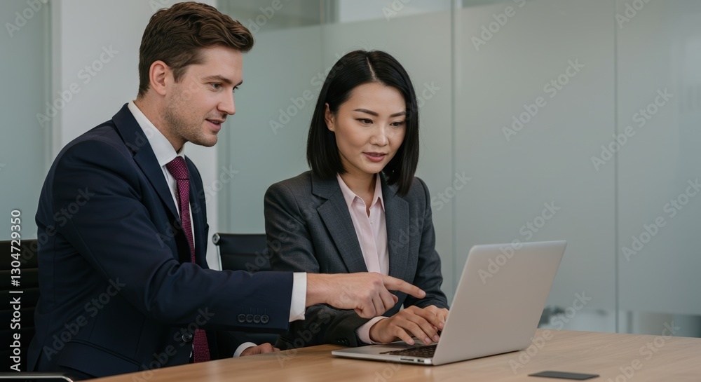 Diverse business team collaborating on laptop in modern office environment Diverse business team collaborating on laptop in modern office environment
