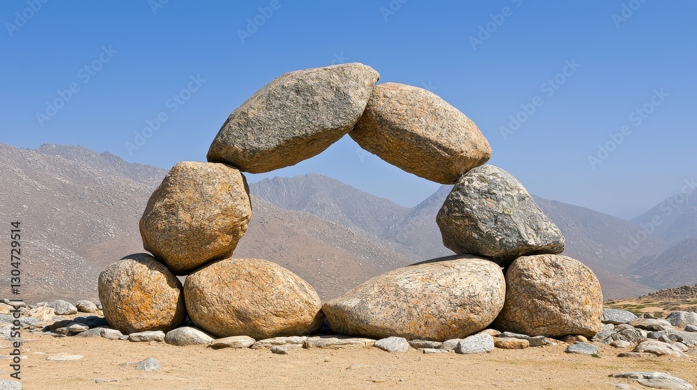 Unique Rock Formation in Desert Landscape with Mountainous Background Unique Rock Formation in Desert Landscape with Mountainous Background