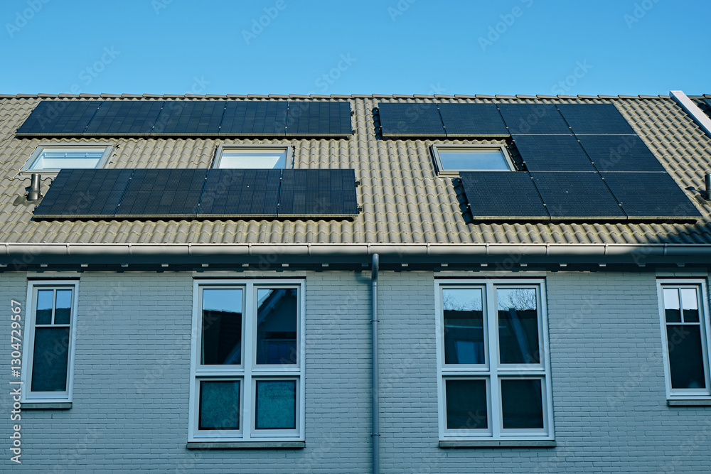 Modern row of white brick town houses with solar panels on the roof in Assen, Netherlands Modern row of white brick town houses with solar panels on the roof in Assen, Netherlands