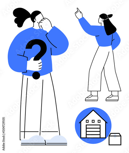 Thoughtful person holding question mark and another pointing toward a house icon and box. Ideal for decision-making, real estate, logistics, problem-solving, planning, goals, life choices. Flat