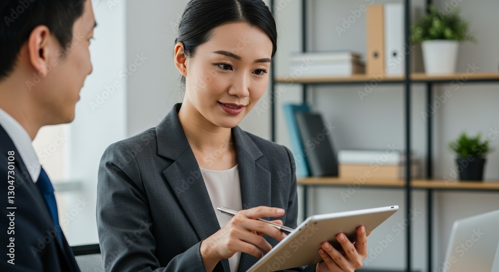 Asian professional woman presenting data on tablet to colleague in office