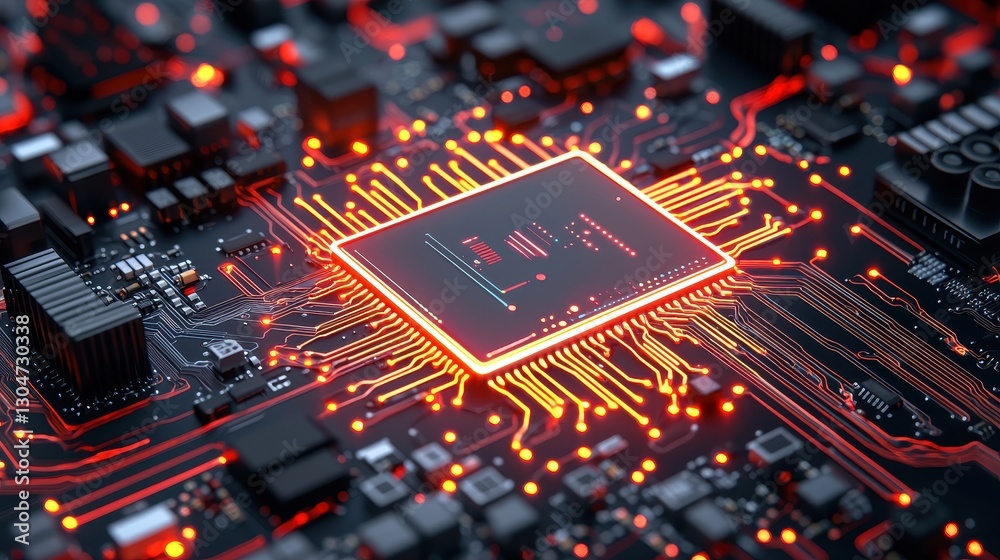 Close-Up View of Red-Lit Microchip on Dark Circuit Board Background Close-Up View of Red-Lit Microchip on Dark Circuit Board Background