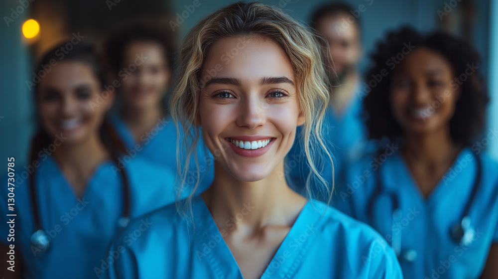 A team of healthcare workers, dressed in blue scrubs, stands together in a clinic. They are smiling warmly, showcasing camaraderie and a commitment to patient care A team of healthcare workers, dressed in blue scrubs, stands together in a clinic. They are smiling warmly, showcasing camaraderie and a commitment to patient care
