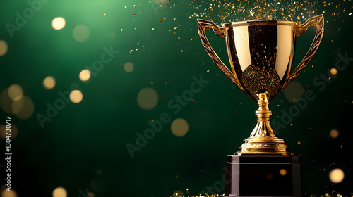 Golden trophy glittering with confetti against deep green backdrop symbolizing achievement
