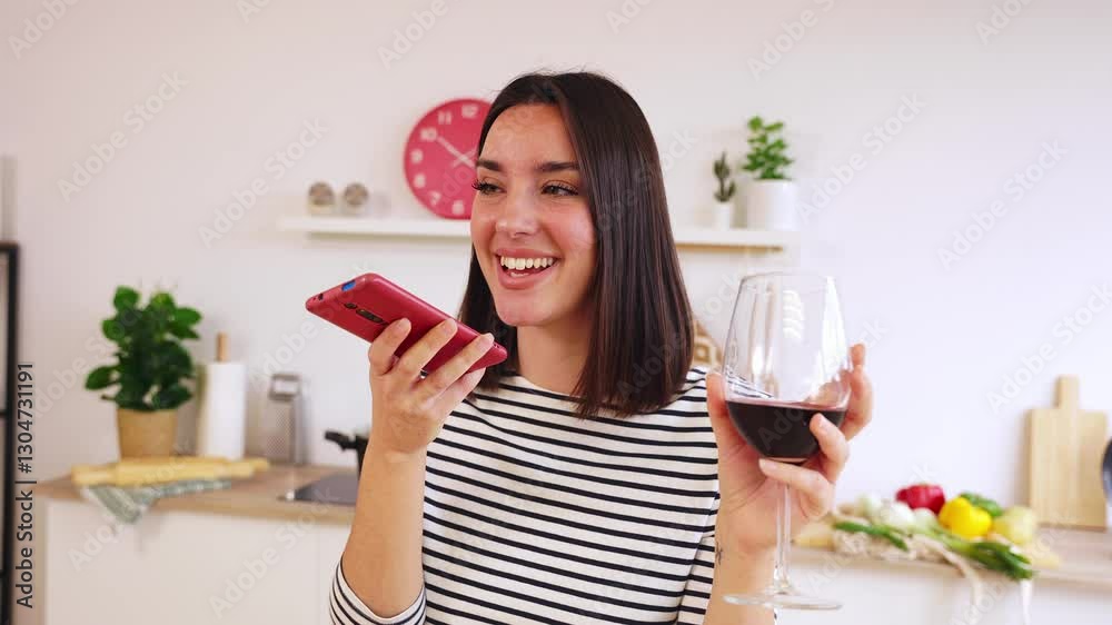 Cheerful young pretty woman sending audio message and photos on phone to her friend while drinking red wine, relaxing in modern kitchen. Technology and domestic lifestyle concept Cheerful young pretty woman sending audio message and photos on phone to her friend while drinking red wine, relaxing in modern kitchen. Technology and domestic lifestyle concept