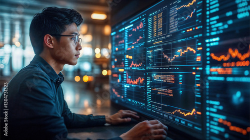 Young Asian trader studying financial charts, stock market data, economic indicators and trends of cryptocurrencies. For finance, investment, digital economy and fintech projects.