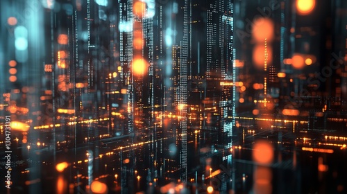A glowing big data forex chart is superimposed on a blurred cityscape.  This image represents trading  technology  investment  and market analysis.  