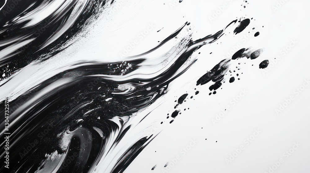 monochrome fluidity a study in contrasting abstract forms with dynamic black ink trails and splatters on pristine white creating visual tension monochrome fluidity a study in contrasting abstract forms with dynamic black ink trails and splatters on pristine white creating visual tension