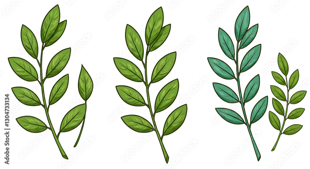 Leafy Green Branches Illustration on Black Background for Botanical Designs