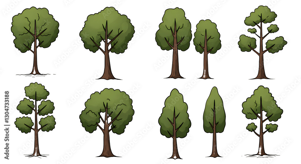 Fototapeta premium Cartoon Trees with Green Leaves in Varied Shapes and Sizes