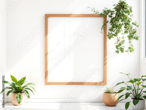 Boho Wood Frame Mockup, Vertical Monograph, White Walls, Plants, Sunlight
