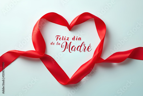 heart-shaped red ribbon and the greeting feliz dia de la madre, happy mother's day written in spanish