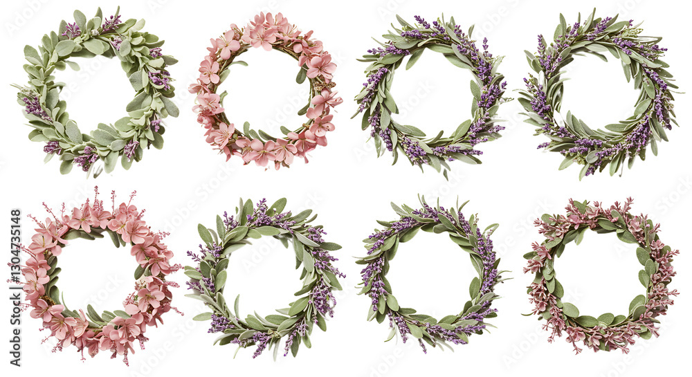 Floral Wreaths Assortment Featuring Lavender and Sage on Black Background