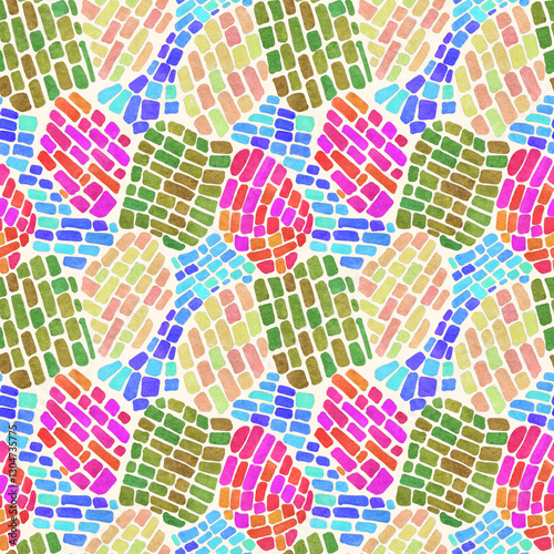 Seamless patterns with bright geometric mosaic drawing . Hand-drawn illustration.