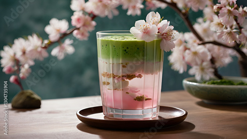 A unique three-layered sakura and matcha drink with pastel pink, and vibrant green layers, served in a transparent glass, decorated with cherry blossoms and a Japanese-style ceramic coaster.