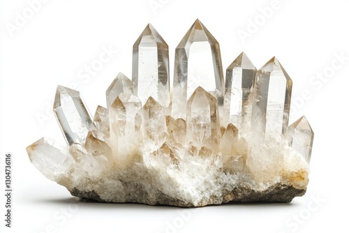 Captivating cluster of clear quartz crystals on a white background showcasing mineral beauty and geological wonder with a clean studio shot