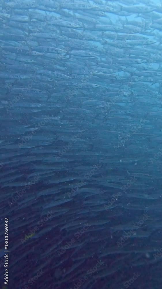 A video clip capturing a large school of yellowtail barracuda swimming in the blue depths of Koh Tao. The fish, are characterized by their streamlined bodies and distinct yellow tails. A video clip capturing a large school of yellowtail barracuda swimming in the blue depths of Koh Tao. The fish, are characterized by their streamlined bodies and distinct yellow tails.