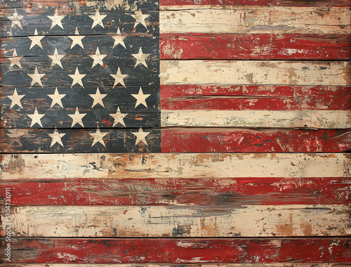 US flag pianted on a wooden wall in a vintage style