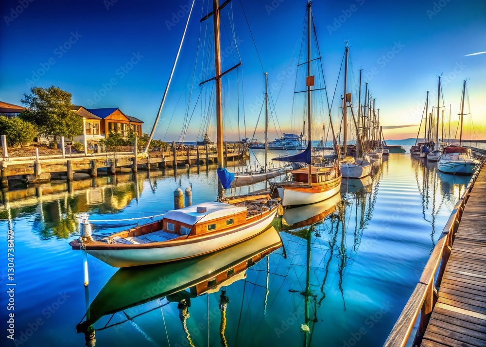 Fototapeta premium Sailboats Moored at Sea Harbor Pier - Scenic Coastal View