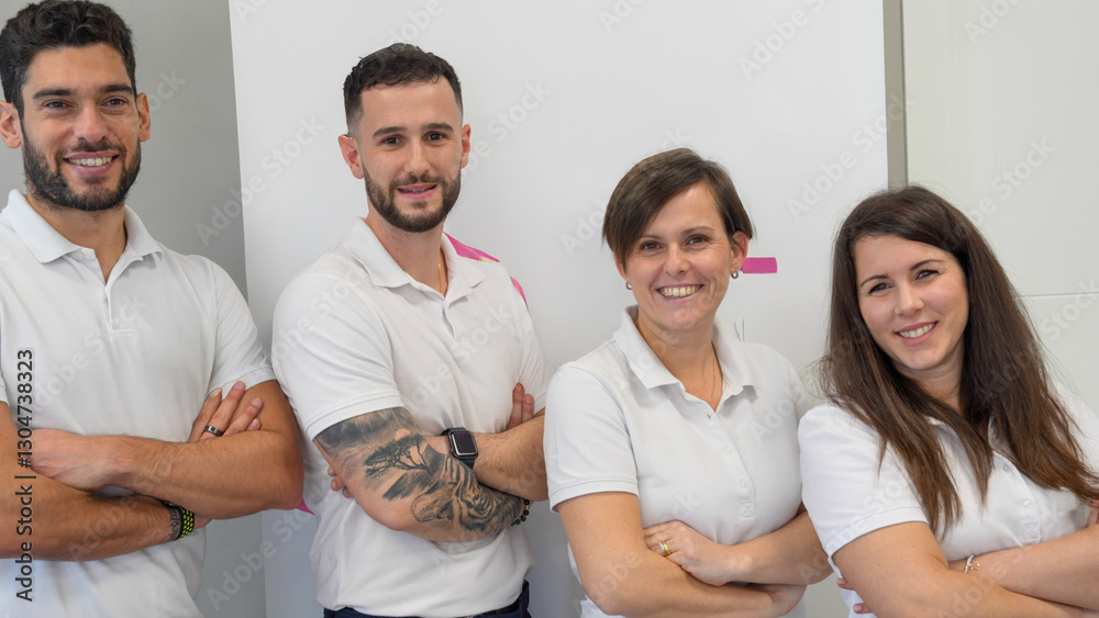 Friendly physiotherapy team standing together in a modern medical office Friendly physiotherapy team standing together in a modern medical office