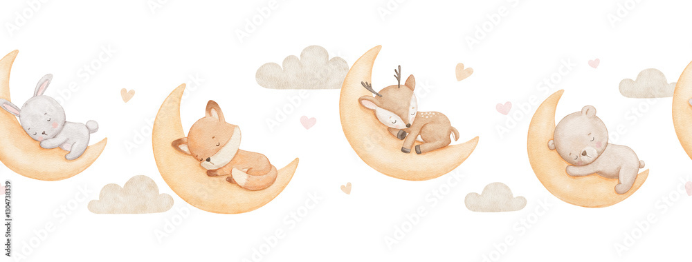 Obraz premium Seamless border with cute baby deer, bunny and bear sleeping on moon, watercolor illustrations. Woodland animals, repeating hand drawn design on white background